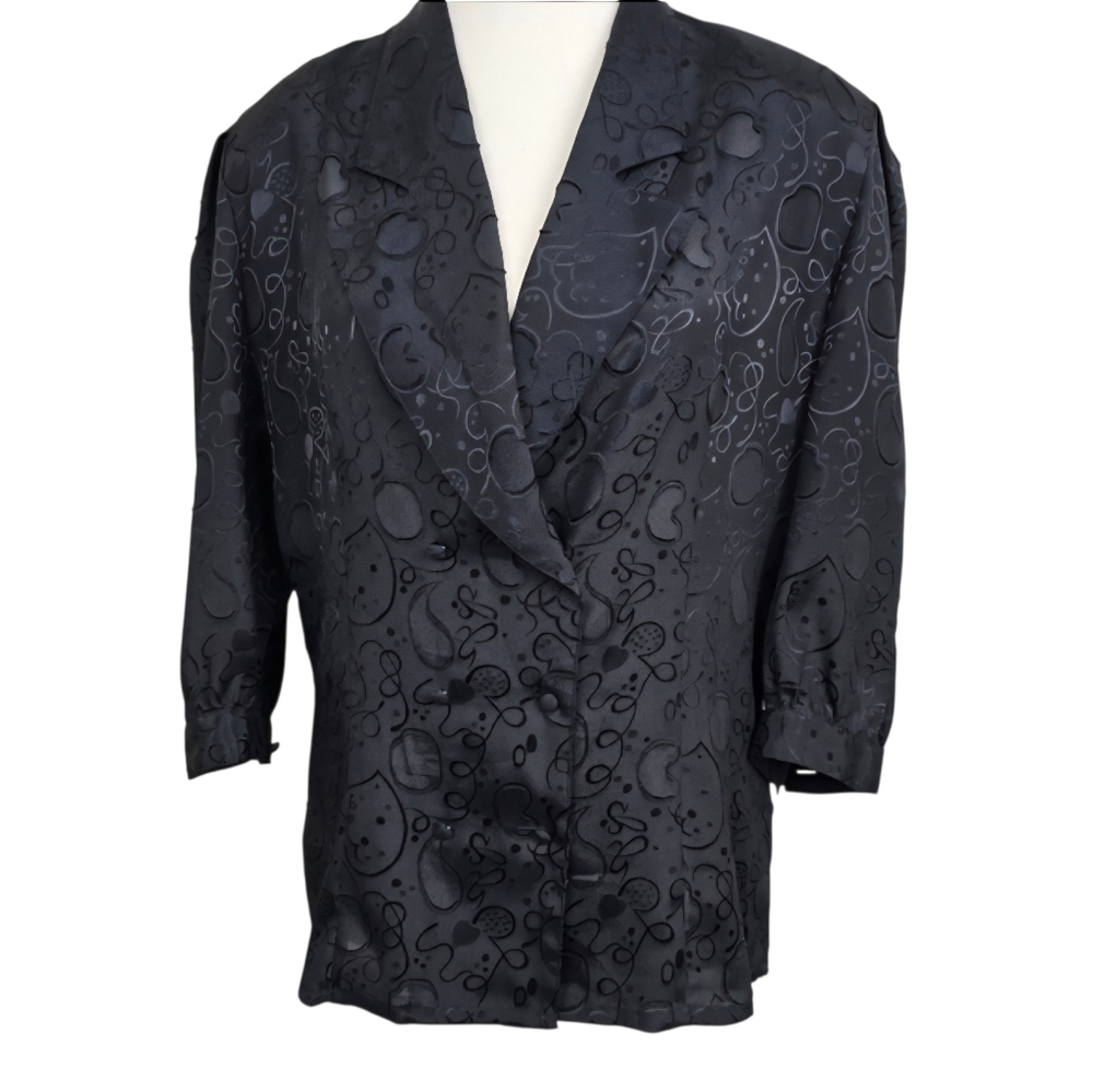 Kara Vintage Black Button Down Blouse 3/4 Sleeve Sz 11/12 Classic Chic Office